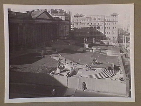 View of front approach, State Library of Victoria, from Welch Margetsons, La Trobe Street, immediately prior to planting of first trees, 1939