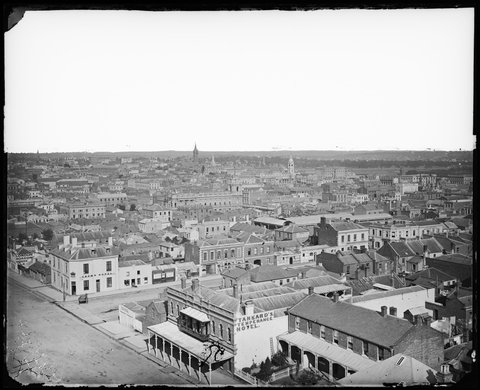 Melbourne from corner of Lonsdale and Queen Streets, showing Queen Street between Lonsdale and Little Bourke Streets, 1869