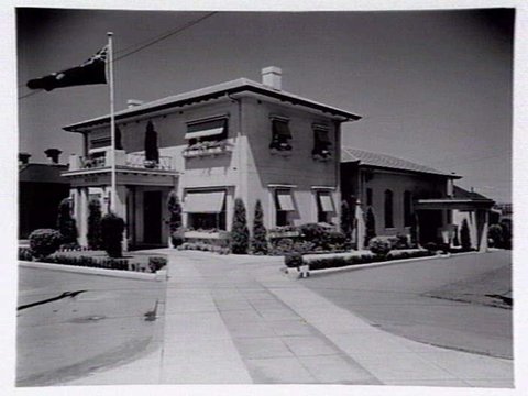 Exterior of Sleight's Funeral Home, St. Kilda Road at Domain Rd, c. 1940