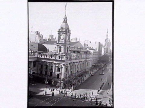 Collins St. showing Town Hall & Churches Melbourne, 1952