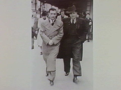 Spiro Polites and George Cass in Swanston St., soon after arrival 1939. Dressed up for a Sunday stroll
