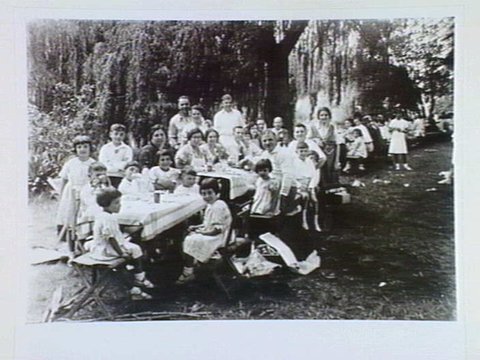 Fermanis, Mangos and Kanis families at a picnic in countryside outside Melbourne 1930s ... both had cafes - Kanis in Bridge Rd. Richmond, Mangos in Chapel St. Windsor