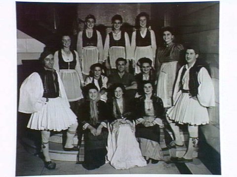 A Greek folk dancing group at rehearsal at Melbourne Town Hall for an international pageant organised by the International Club, August, 1945
