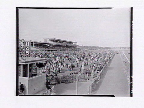 Flemington Racecourse, showing steward's box in foreground, Melbourne Cup Day, 1949