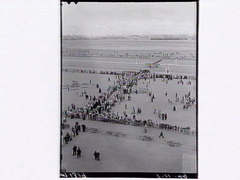 Bird's-eye view of Flemington Racecourse, showing horses on track in distance, 1949