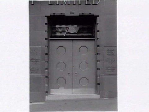 Bronze entrance doors to the offices of Howard Smith Ltd, Australian Steamships Pty Ltd and Caledonian Colleries, Ltd, shipping agents, at 522 Collins Street, Melbourne, c. 1940