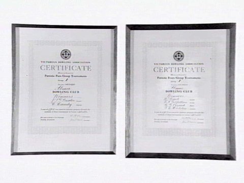 Certificates from Alma Bowling and Tennis Club, Wilkes Street, North Caulfield, c. 1945