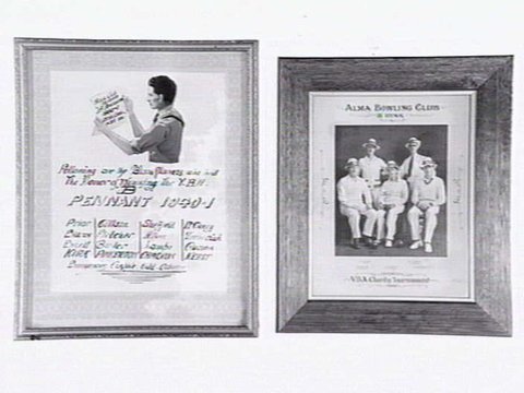 Framed certificate and photo from Alma Bowling and Tennis Club, Wilkes Street, North Caulfield, c. 1945