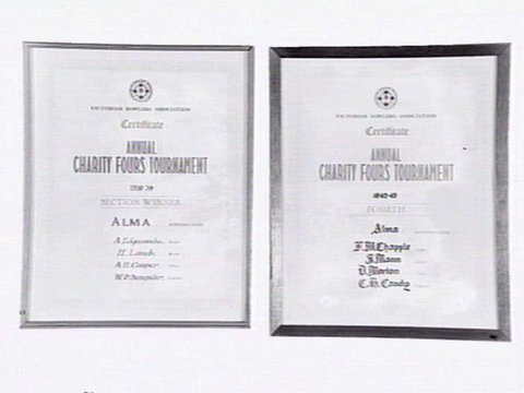 Two framed certificates from the Alma Bowling and Tennis Club, Wilkes Street, North Caulfield, c. 1945