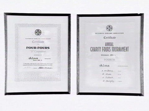 Two framed certificates from the Alma Bowling and Tennis Club, Wilkes Street, North Caulfield, c. 1945