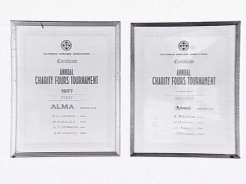 Two framed certificates from the Alma Bowling and Tennis Club, Wilkes Street, North Caulfield, c. 1945