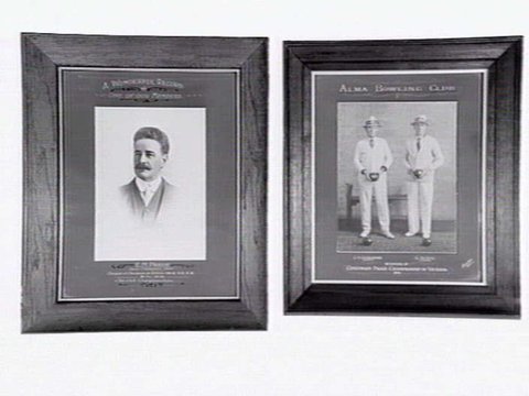 Two framed photographs from the Alma Bowling and Tennis Club, Wilkes Street, North Caulfield, c. 1945