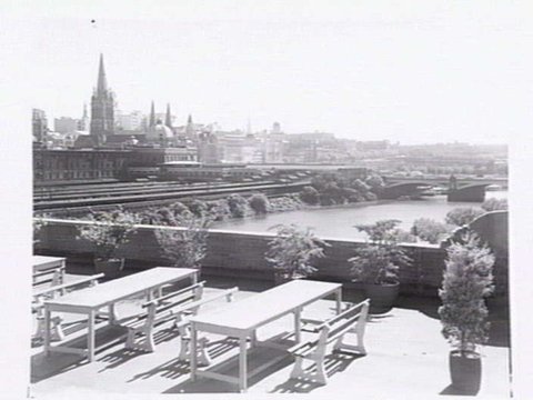 Kraft Walker Cheese Co., rooftop lunch area for staff with view looking towards the city and Princes Bridge, 1947