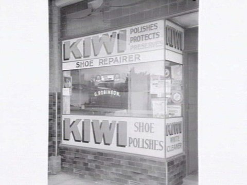 Shop window display for Kiwi Products at Robinson Shoe Repairs, 805 High St. Thornbury, 1947