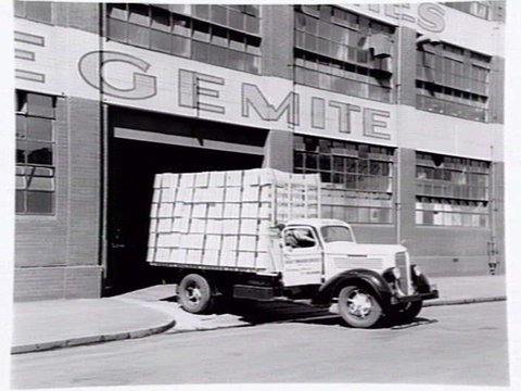 Kraft Cheese delivery van leaving factory at Riverside Ave., South Melbourne, 1947