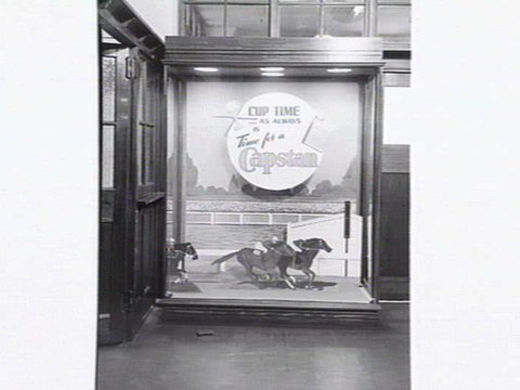 Display case with Melbourne Cup theme, for Capstan Cigarettes, 1949