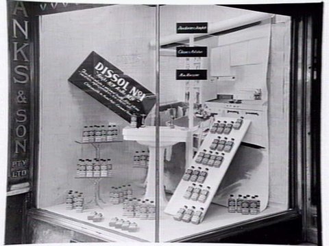 Display window at Danks & Son, 391-403 Bourke St., Melbourne, showing Dissol, the No. 1 cleaning fluid, 1950