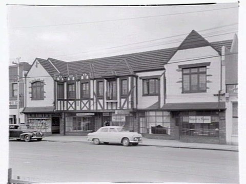 Tudor style group of shops in Toorak Road, South Yarra, Vic, c. 1951