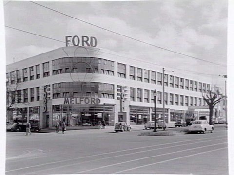 Exterior, Melford Motors, 615-633 Elizabeth Street, Melbourne, designed by Harry Norris, c. 1952