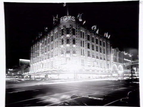 Foy and Gibson, cnr. Bourke and Swanston Street, Melbourne, at night, 1954