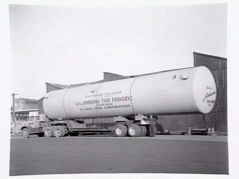 High pressure gas holder built by Johnsons Tyne Foundry, South Melbourne, on the rear of a semi-trailer, c. 1954