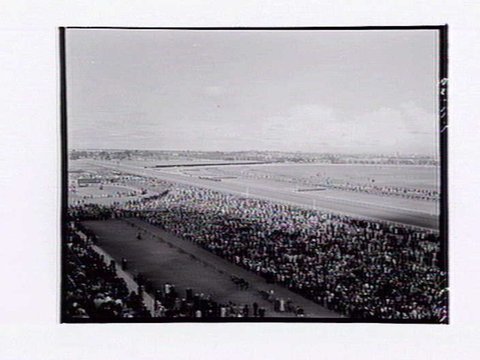 Bird's-eye view of Flemington Racecourse, showing mounting yard in foreground, Melbourne Cup Day, 1949