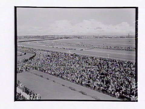 Bird's-eye view of horserace at Flemington Racecourse on Melbourne Cup Day, 1949