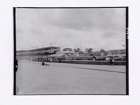 Horses being led onto racetrack, Flemington Racecourse, 1943–49