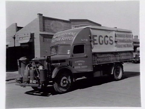 Cattle truck and Melbourne Butter supply and Egg truck fitted with Jackson gas producer units, c. 1940