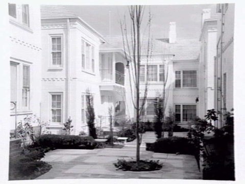 Medlow' apartments showing inner courtyard and exterior from street, Canterbury Road, Toorak, Vic, 1938–44