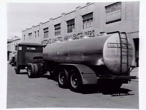 Mayne Nickless truck parked outside Myttons Ltd., manufacturers of 113 -127 York St., South Melbourne, 1947