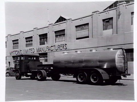 Mayne Nickless truck parked outside Myttons Ltd., manufacturers of 113 -127 York St., South Melbourne, 1947