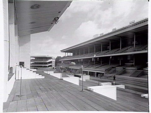 Outdoor stage set up for performance of a passion play to celebrate the centenery of the Melbourne Catholic Diocese, probably at Caulfield Race Course, 1948