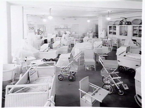 Second floor of the Century Building, 125-133 Swanston St., Melbourne, showing London Baby Carriage Co. stock, 1948