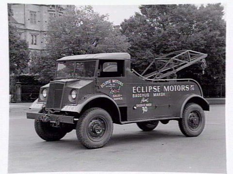 Eclipse motors, Bacchus Marsh. Tow truck outside Queens College, Melbourne University, College Cresc., Carlton, 1949