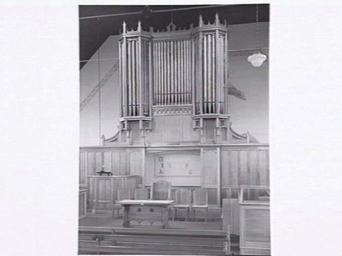 Peace Memorial Pipe Organ at Baptist Church, Footscray, showing pews, pulpit and altar, 1949