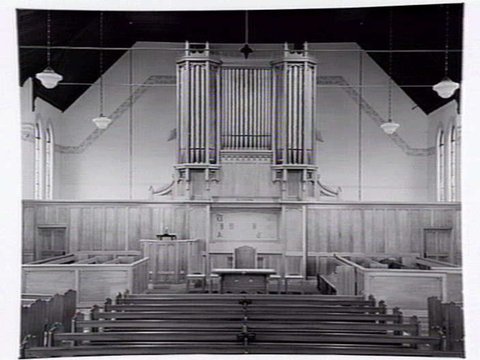 Peace Memorial Pipe Organ at Baptist Church, Footscray, showing pews, pulpit and altar, 1949