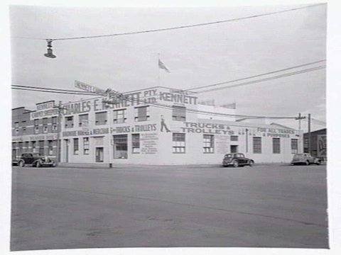 Exterior of Charles E. Kennett P/L, hardware manufacturer and merchant of trucks and trailers, 263 City Rd., South Melbourne, 1949