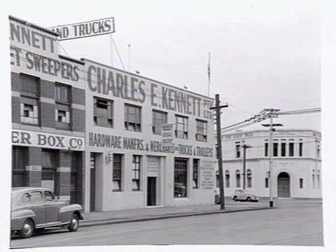 Exterior of Charles E. Kennett P/L, hardware manufacturer and merchant of trucks and trailers, 263 City Rd., South Melbourne, 1949