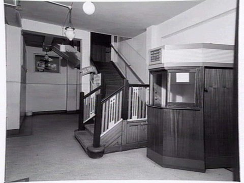 Alhambra Theatre, operated by Hoyts, 828-830 Sydney Rd., Brunswick, showing seating and ticket box in foyer, 1950