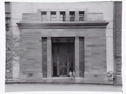 Bank of New South Wales, headquarters at 368-374 Collins St., Melbourne, showing exterior and banking chamber, designed by Godfrey & Spowers, 1950