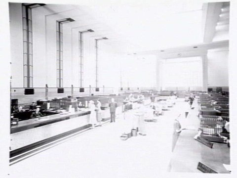 Bank of New South Wales, headquarters at 368-374 Collins St., Melbourne, showing exterior and banking chamber, designed by Godfrey & Spowers, 1950