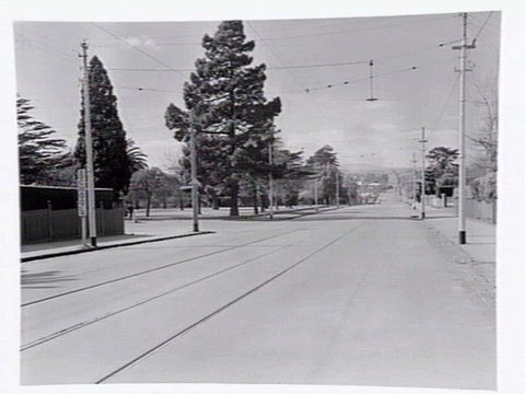 View down High Street, Malvern, the Malvern public gardens, and State School on corner of High Street and Spring Road, Malvern, c. 1950