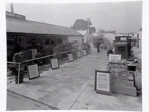 Rusden & Hornsby (Aust) Pty. Ltd. pavilion showing diesel engines, Royal Melbourne Show, c. 1950