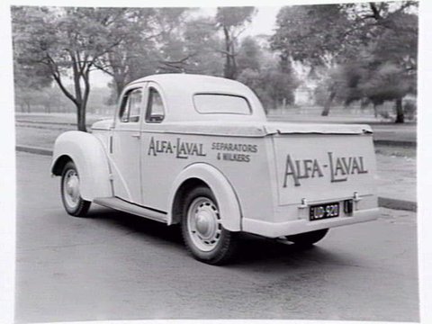 Truck advertising Alfa-Laval separators and milkers, 547 Flinders St., Melbourne, 1951