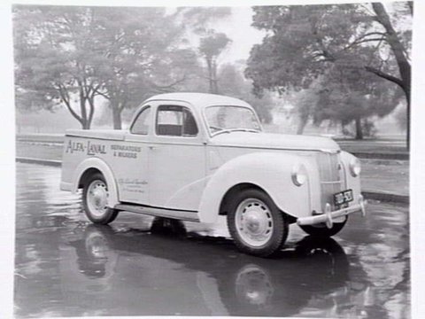 Truck advertising Alfa-Laval separators and milkers, 547 Flinders St., Melbourne, 1951