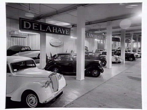Car display, shows cars from Jouberts British Motors, 566 Bourke Street, Melbourne, c. 1951