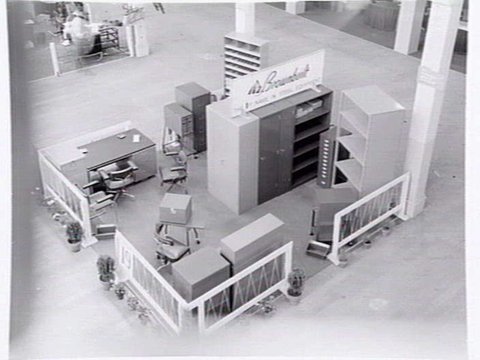 Display, Brownbuilt furniture, at a trade fair, Exhibition Building, Melbourne, c. 1952