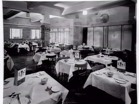 Cavalier Tea Rooms, Queens Walk Arcade, the Victoria Buildings, 68 Swanston St., Melbourne - cnr. Swanston & Collins Sts., site of the City Square, c. 1953