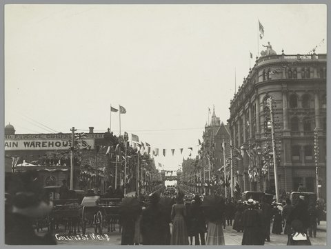 Collins St. [from King Street] Melb. [i.e. Melbourne], 1939